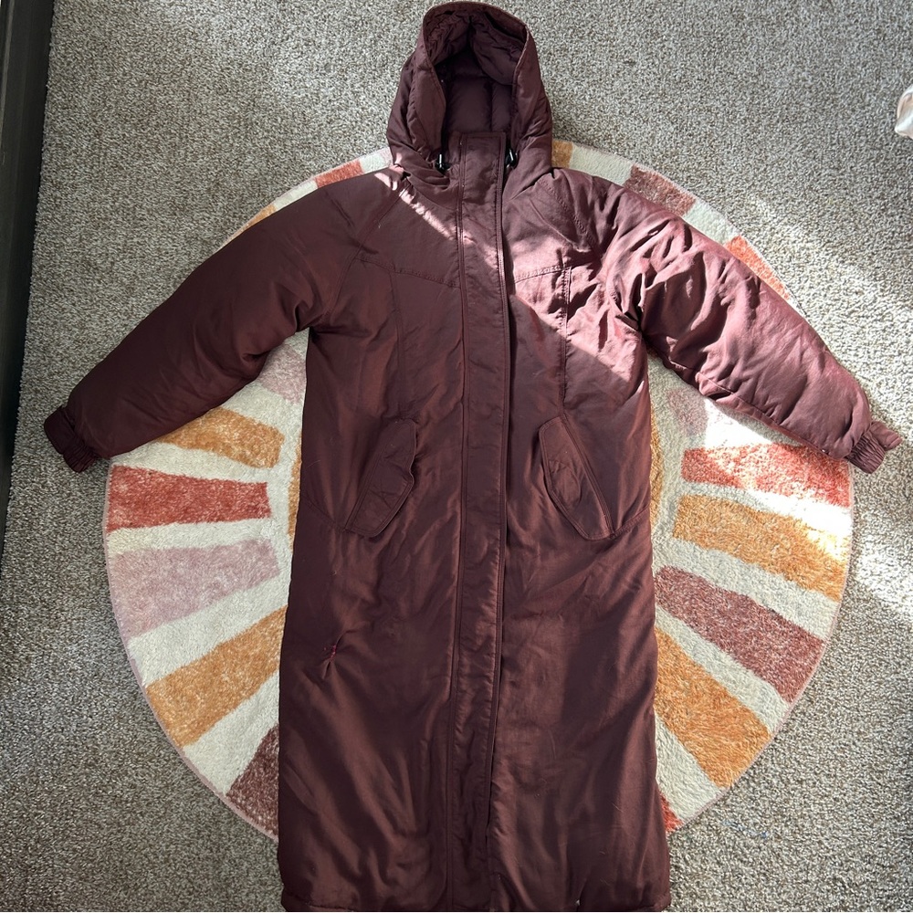 Cabela’s long loose goose down brown trench coat with hood